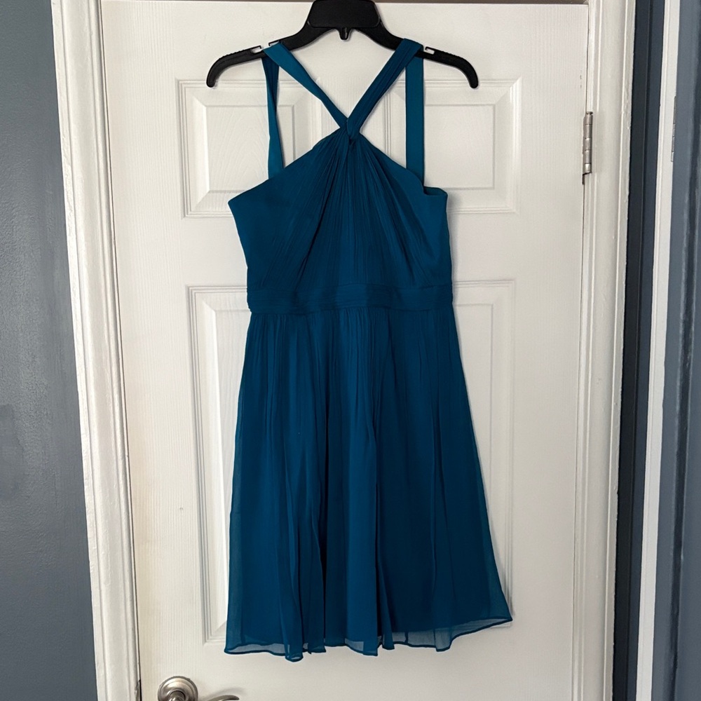 Blue Teal Chiffon Wedding Guest Dress Formal - J. Crew Size 6 Halter Cross Neck